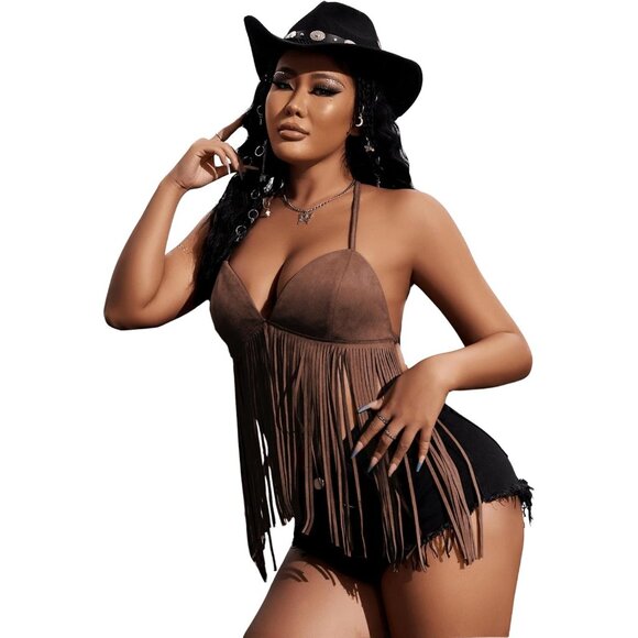 Women Chocolate BrownFringe Suede Halter Top Backless Deep V Neck Western Outfit - Picture 4 of 5